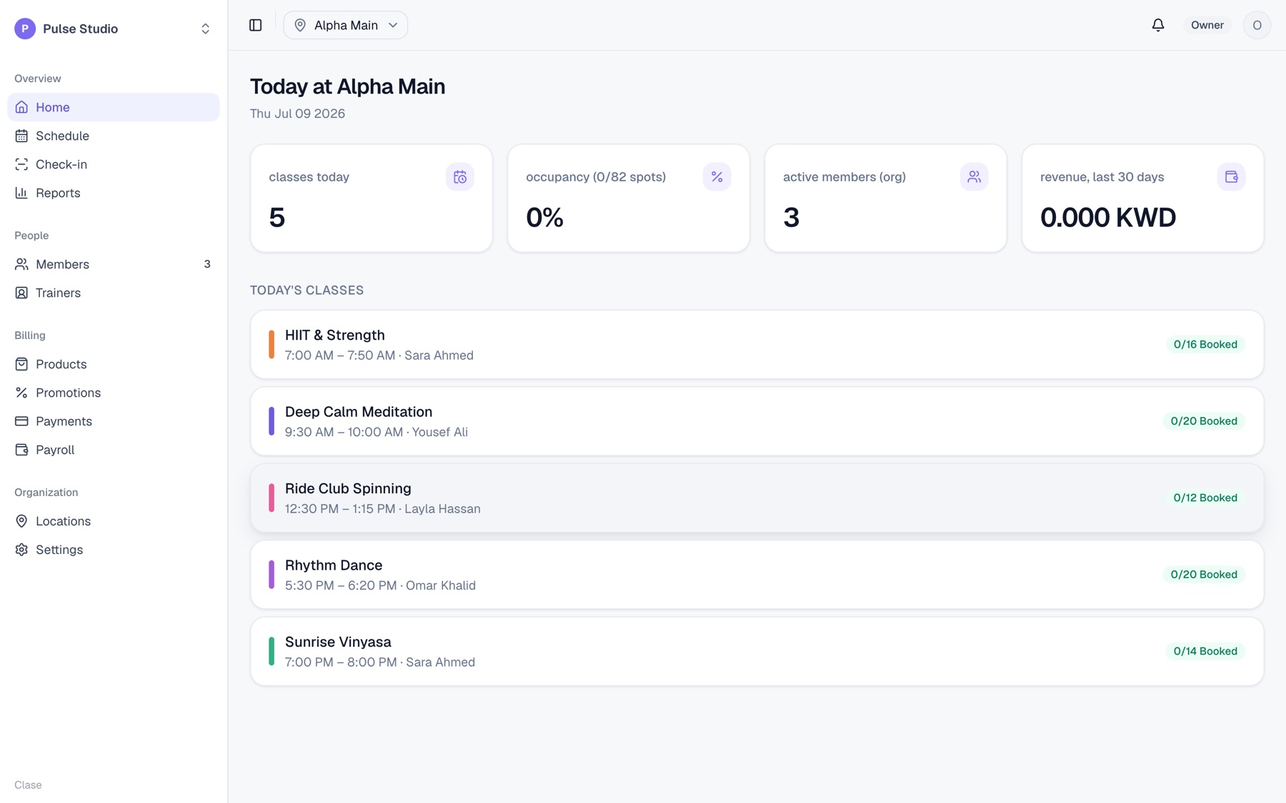 Clase studio dashboard — today at a glance